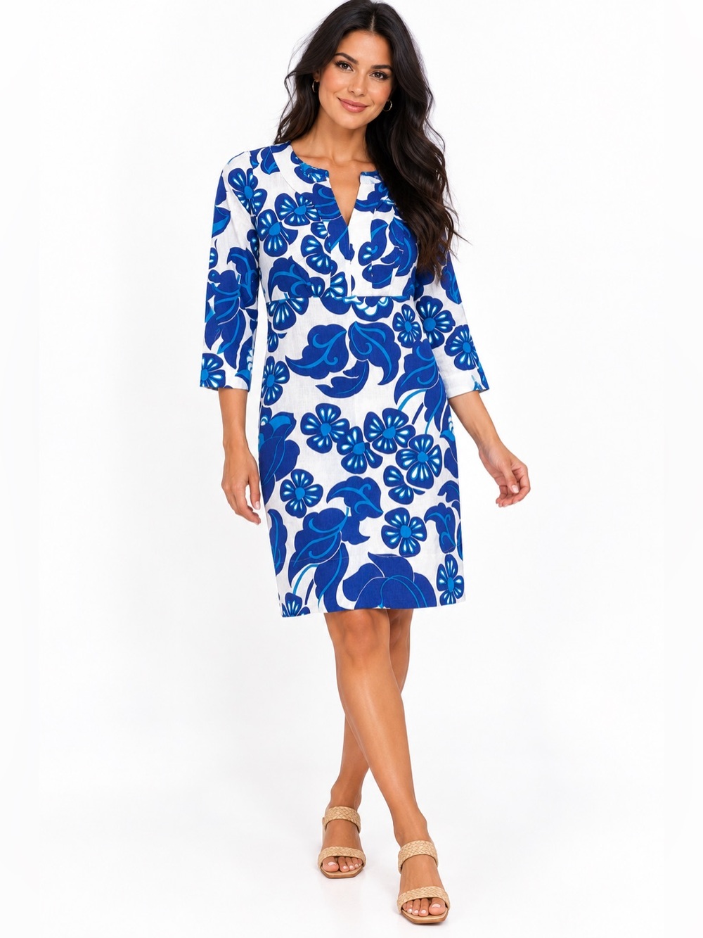 Boden Cobalt Blue & White Floral V-Neck Linen Dress